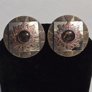 Vintage Silver Forest Mixed Metal w/ Faux Stone Pierced Earrings 1 1/8" Diameter